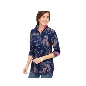 Talbots Cotton Button Front Shirt Shadow Paisley Navy Blue Pink Size MP
